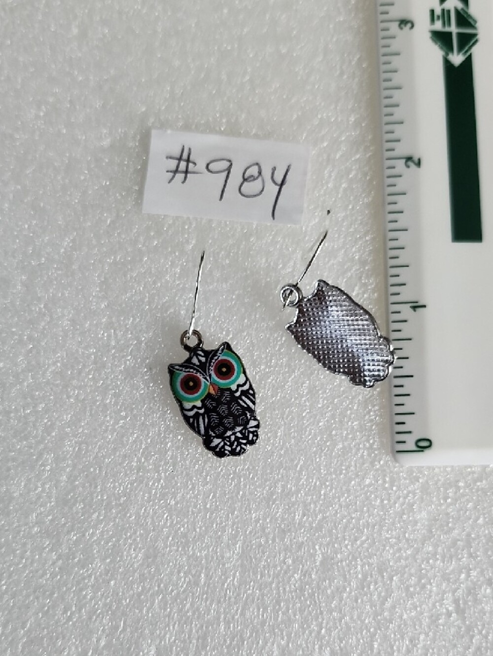 Hand Crafted Black Owl Earrings with Teal and Red Accents - Picture 3 of 3